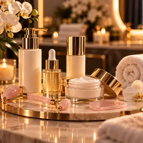 Cosmetici professionali e rullo in quarzo rosa