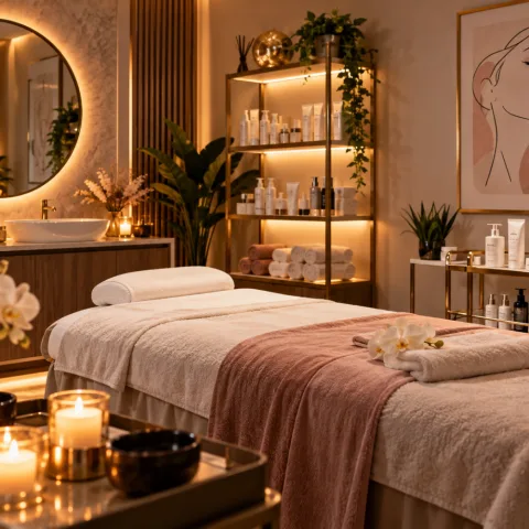 Cabina con asciugamani rosa e candele
