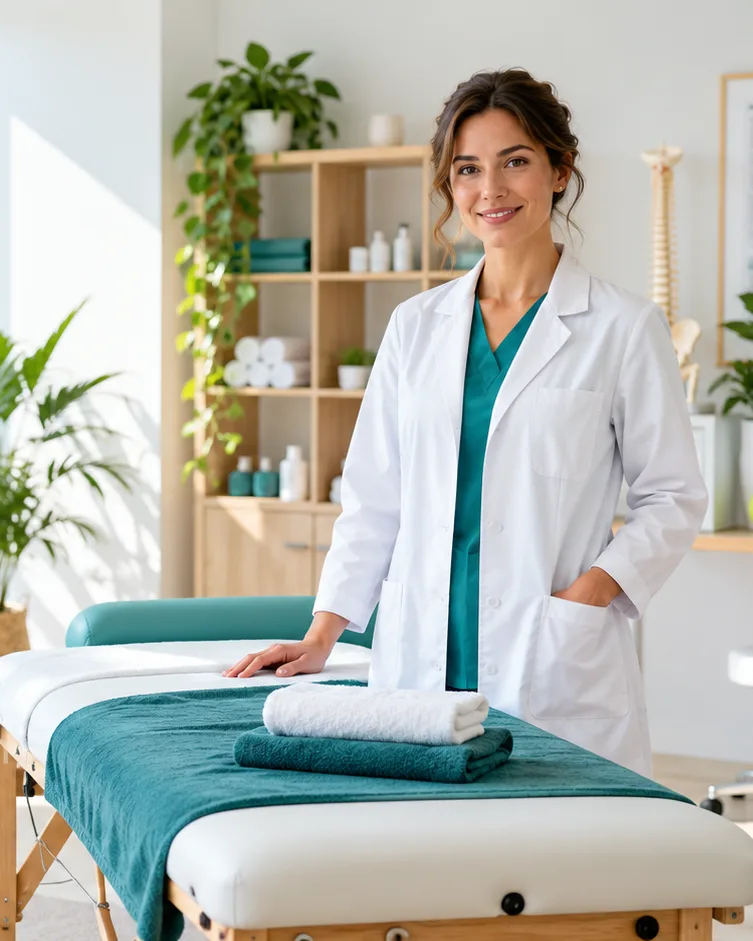 Sala di fisioterapia luminosa con piante e lettino